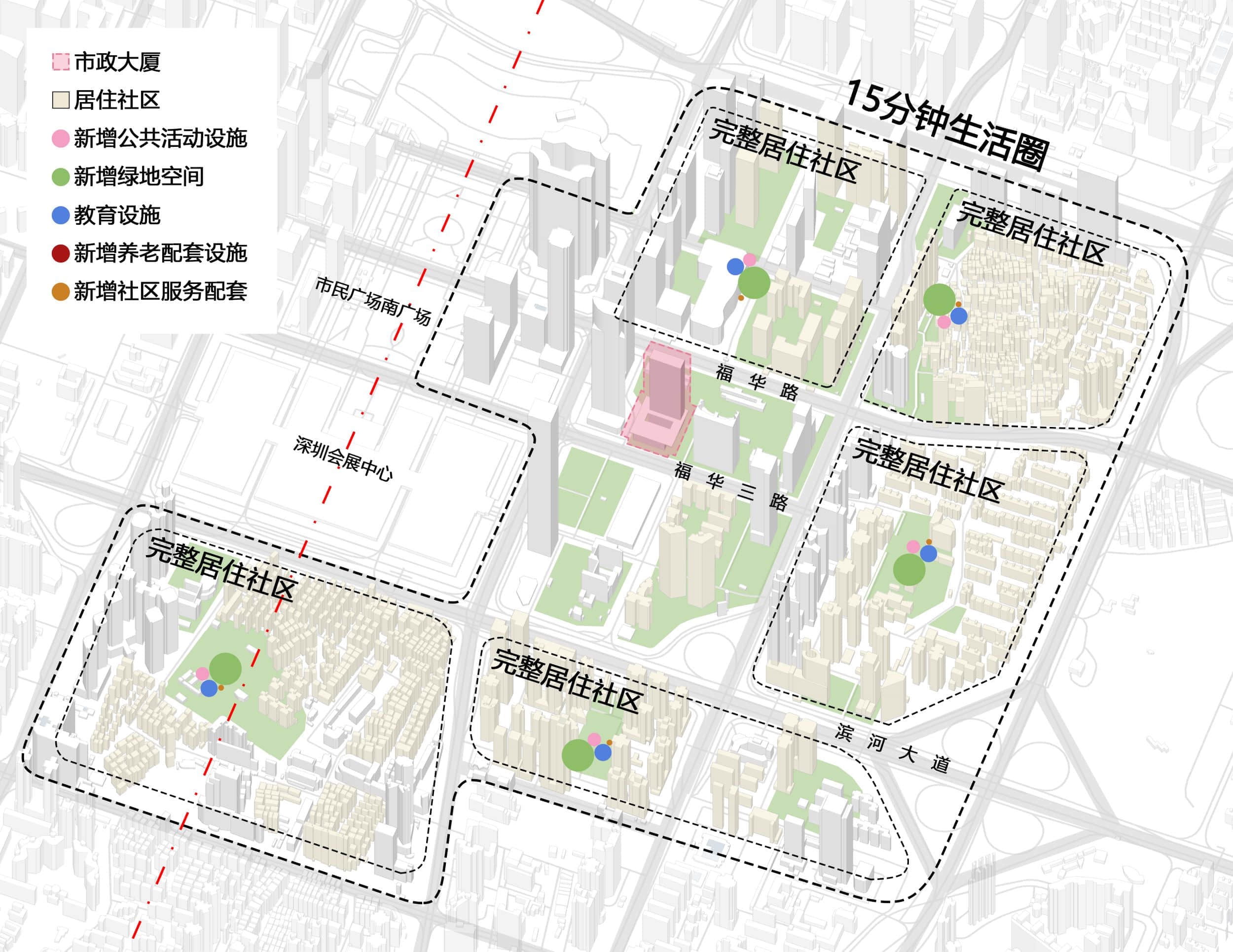 福田市中心区一个“15分钟生活圈”中，公共服务大部分集中在核心“市政大厦”中的示意图 ©朱涛建筑