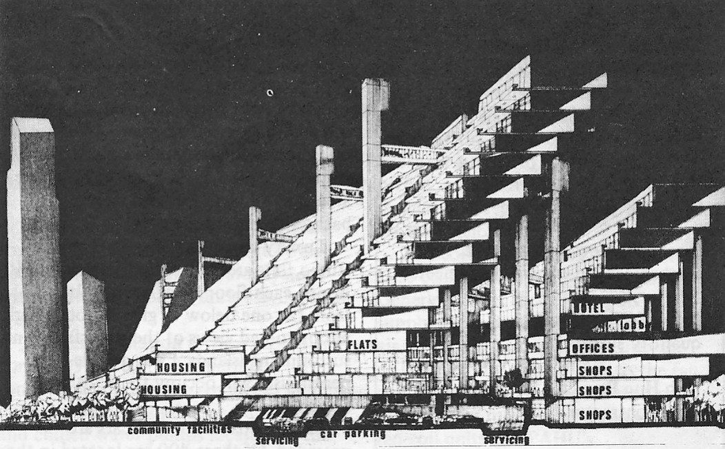 黃金坊可行性研究规划总图和剖面图提案，1968-69（来源：H. Koon Wee, “An Incomplete Megastructure”）