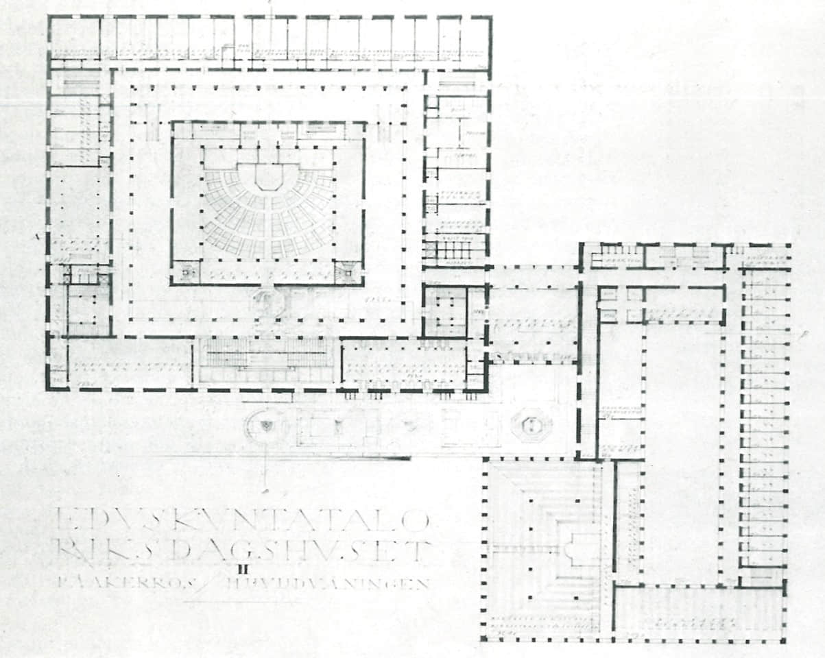 △ 芬兰议会大厦设计竞赛平面图，阿尔托，1923-24