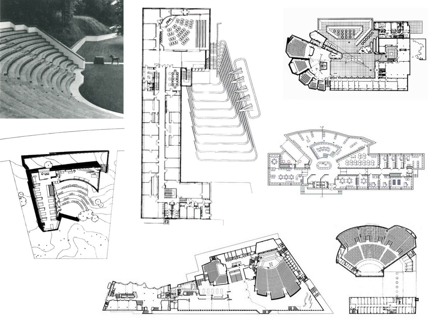 △ 对希腊“圆形剧场”的热爱，促成了阿尔托在建筑平面上的一大创举：在方整均质的矩阵平面中，嵌入扇形放射状平面，成为人们聚集的中心场所。