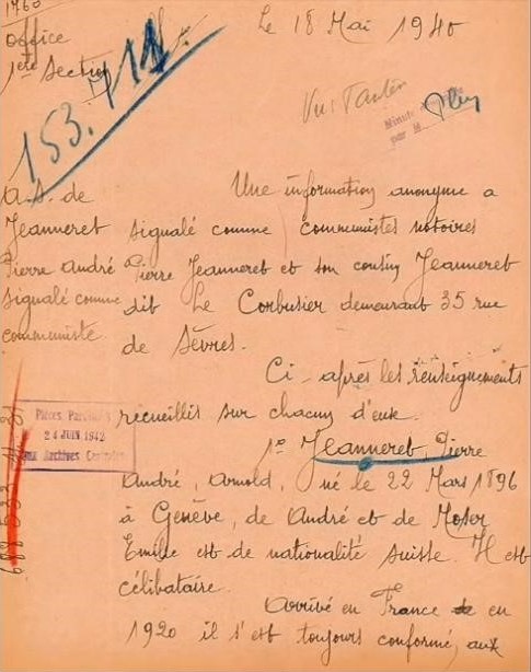 柯布1940年被巴黎警察局传讯档案记录