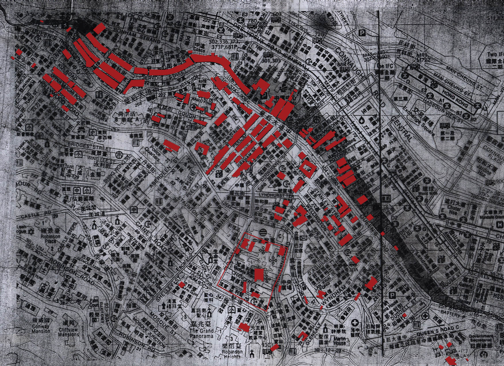 红块为戈登1843年规划图中的建筑所在地，并叠加于当代香港岛地图 ©️Chris Cowell