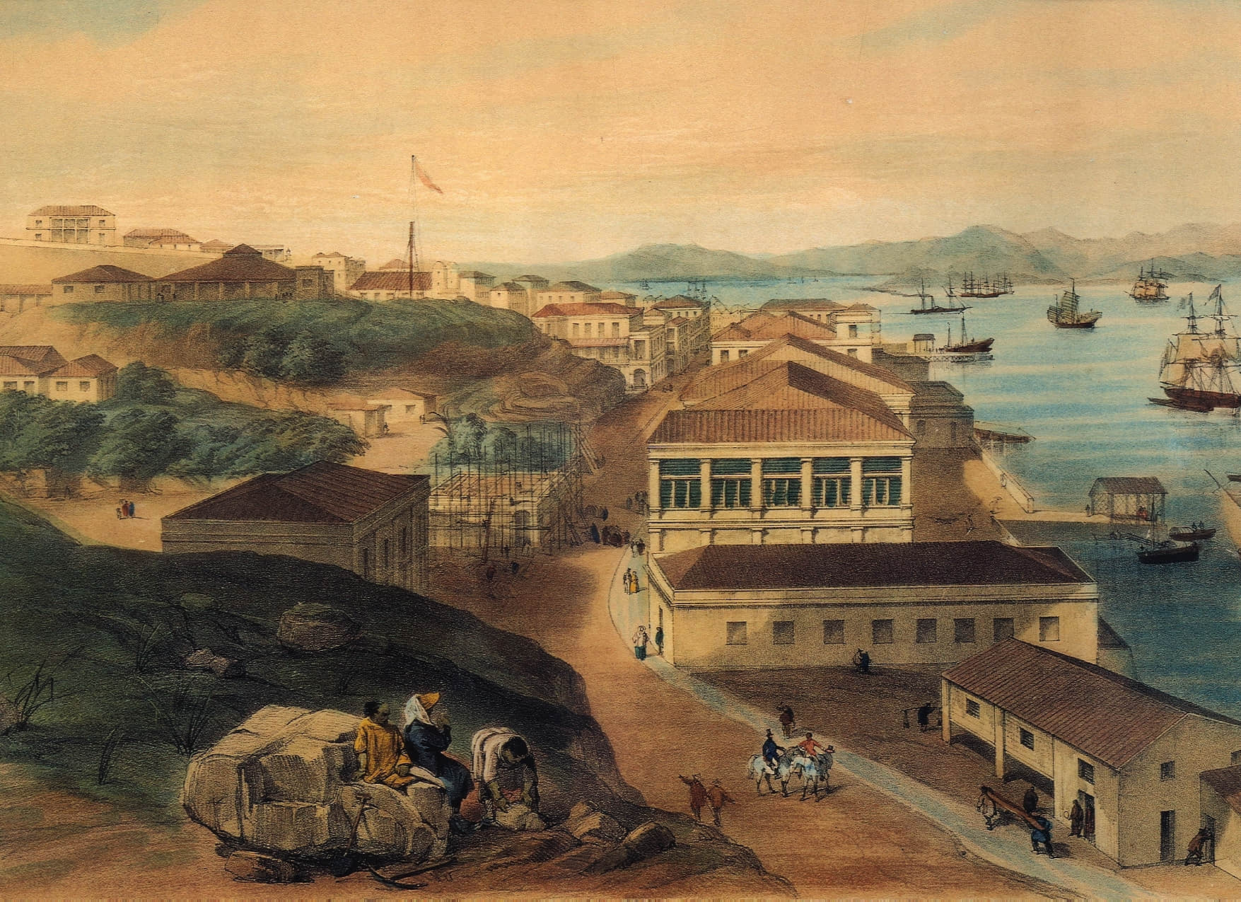 属于海军基地一部分的“美利军营炮兵营 Murray Battery”（从其东边望向中环方向），现为前法国外方传道会大楼，Murdoch Bruce，1846 ©️香港艺术馆