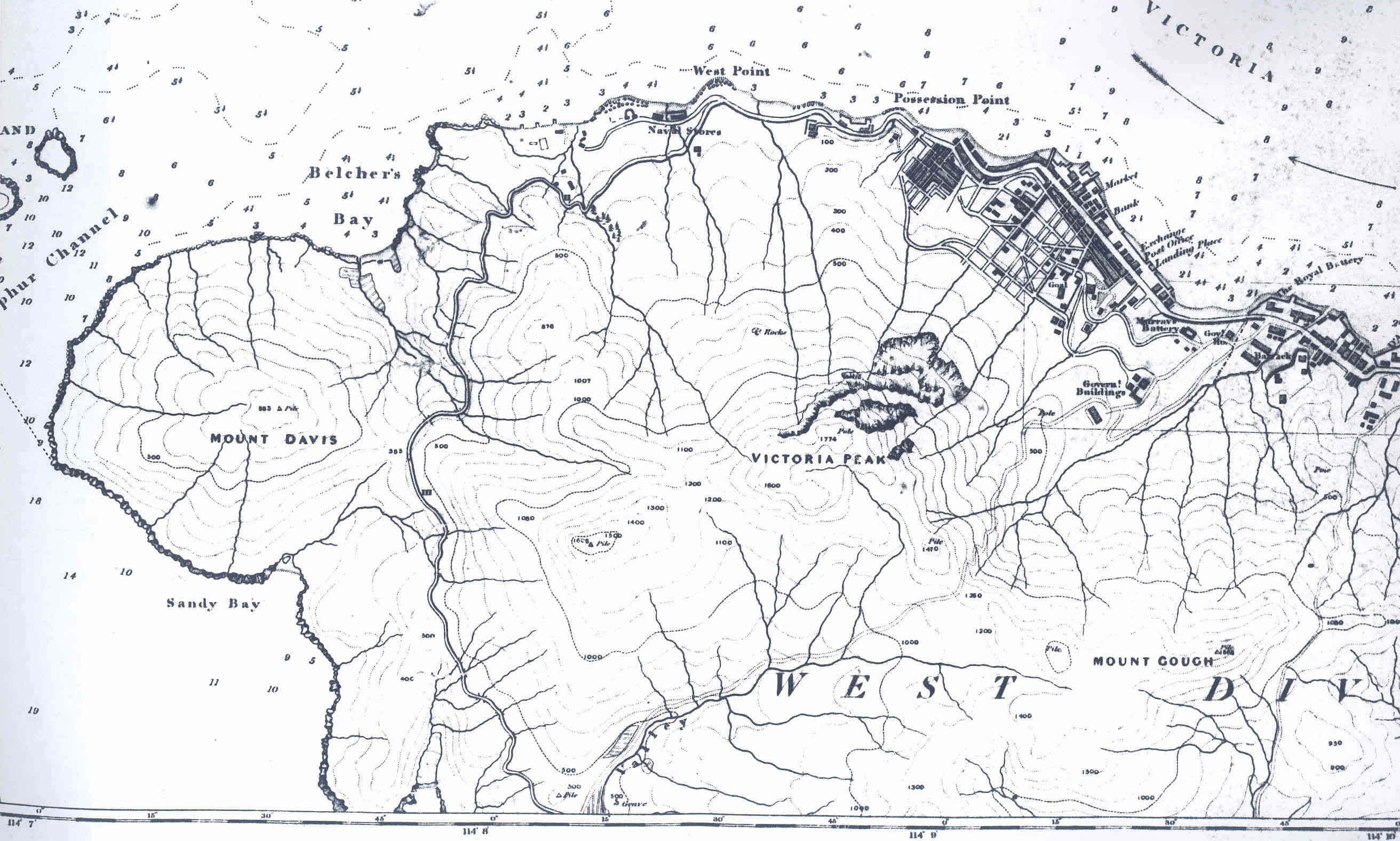 1845年香港地图局部细节，可见最新修建的山道“薄扶林道 Pok Fu Lam Road”（连接维多利亚城至香港仔，今香港大学所在地），Thomas Collinson ©️英国国家档案馆