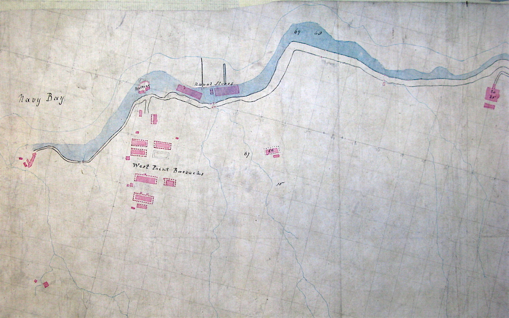 西角军营分布与海军湾（Navy Bay），出自“1843年戈登地图”（“Gordon’s Map” of 1843） ©️英国国家档案馆