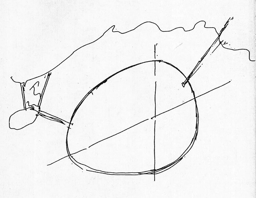 矶崎新的草图显示出他想用两条道路连接其“海市”和横琴本岛，类比托马斯·摩尔乌托邦中的两根吊桥。