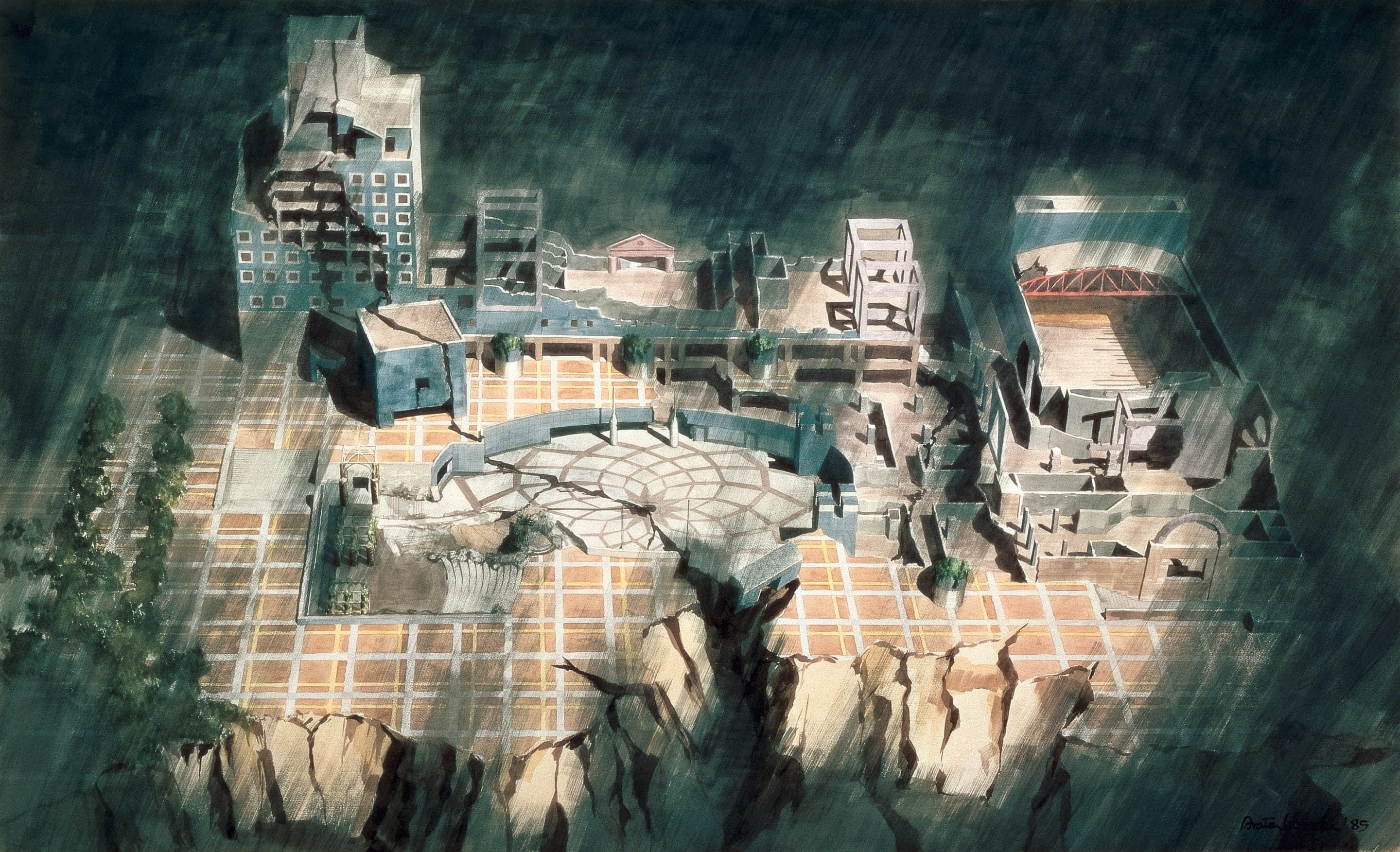 矶崎新，水彩画描绘筑波中心化为废墟