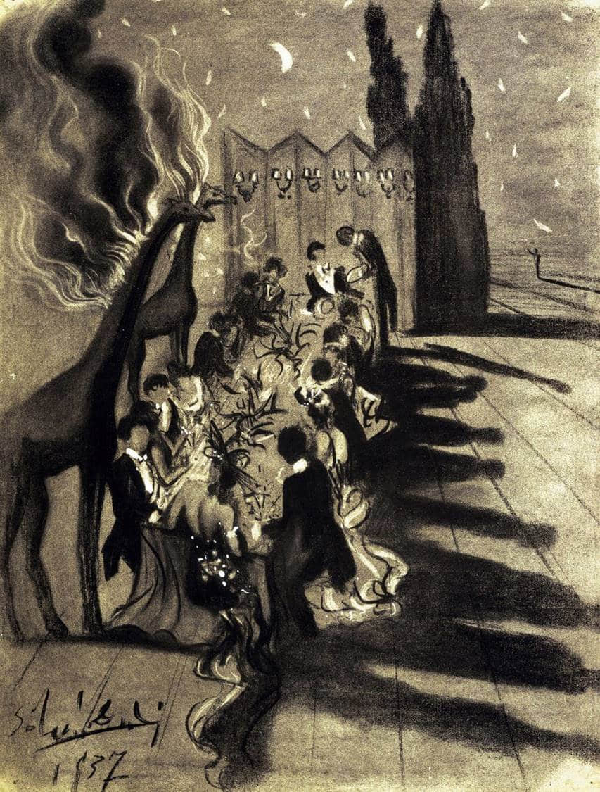 为电影《Giraffes on Horseback Salad》设计的场景手稿，1937 ©️Salvador Dalí