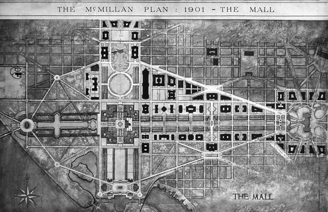 1901 年的华盛顿“ 马克米兰计划”，国家广场为该规划的核心区域(McMillan Plan)。［ 维基百科 ]