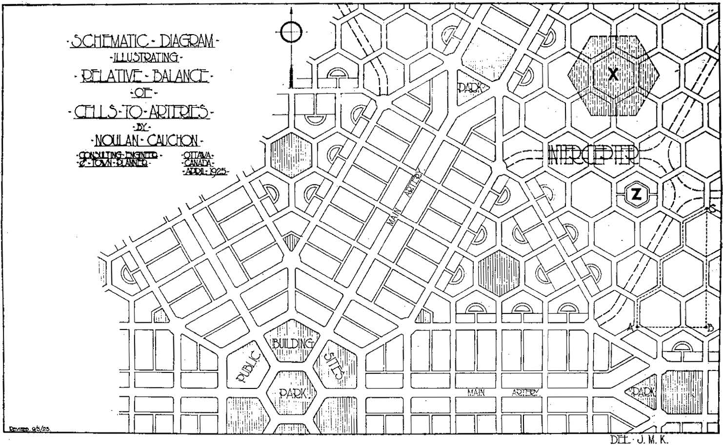 Noulan Cauchon “六角形规划”。［ Noulan Cauchon, “Hexagonal Blocks forResidential Districts,” The American City , 17 (1925)］