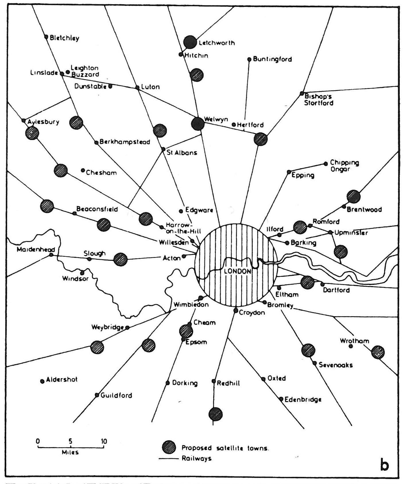 C. B. Purdom 的伦敦卫星城规划图解（1921 年）。［Peter Hall, Cities of Tomorrow ］