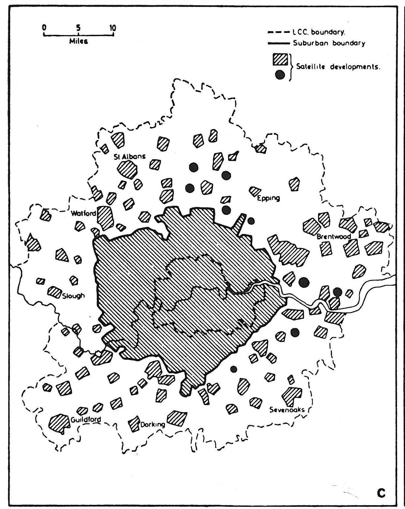 Raymond Unwin 的伦敦卫星城规划图解（1923 ～ 1933 年）。［Peter Hall, Cities ofTomorrow］