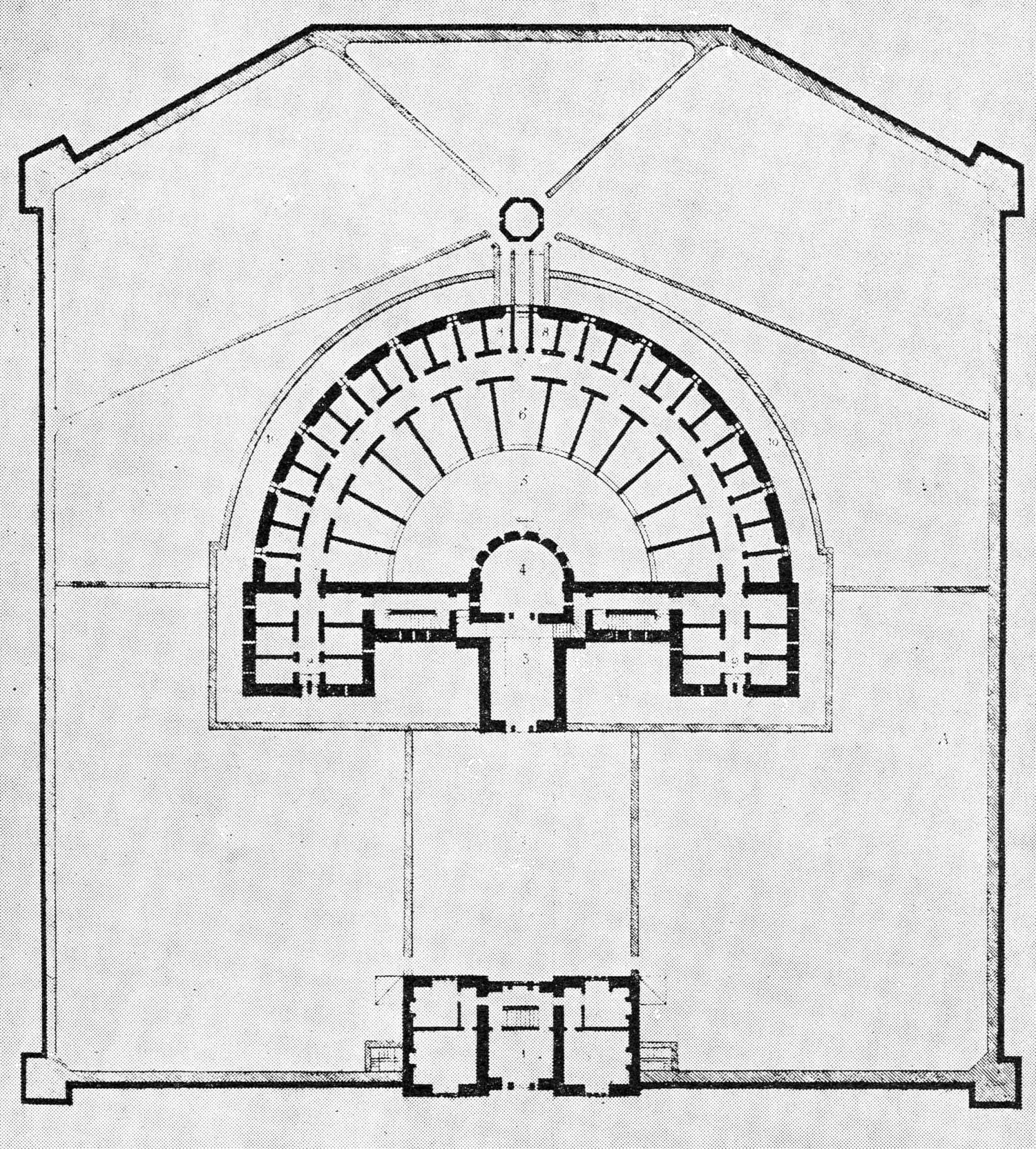 1794年爱丁堡拘留所平面图。在形式上类似于边沁的全景敞视监狱，但缺乏其操作的复杂性和合理性。显然，设计师罗伯特•亚当(Robert Adam)是受到了边沁的启发