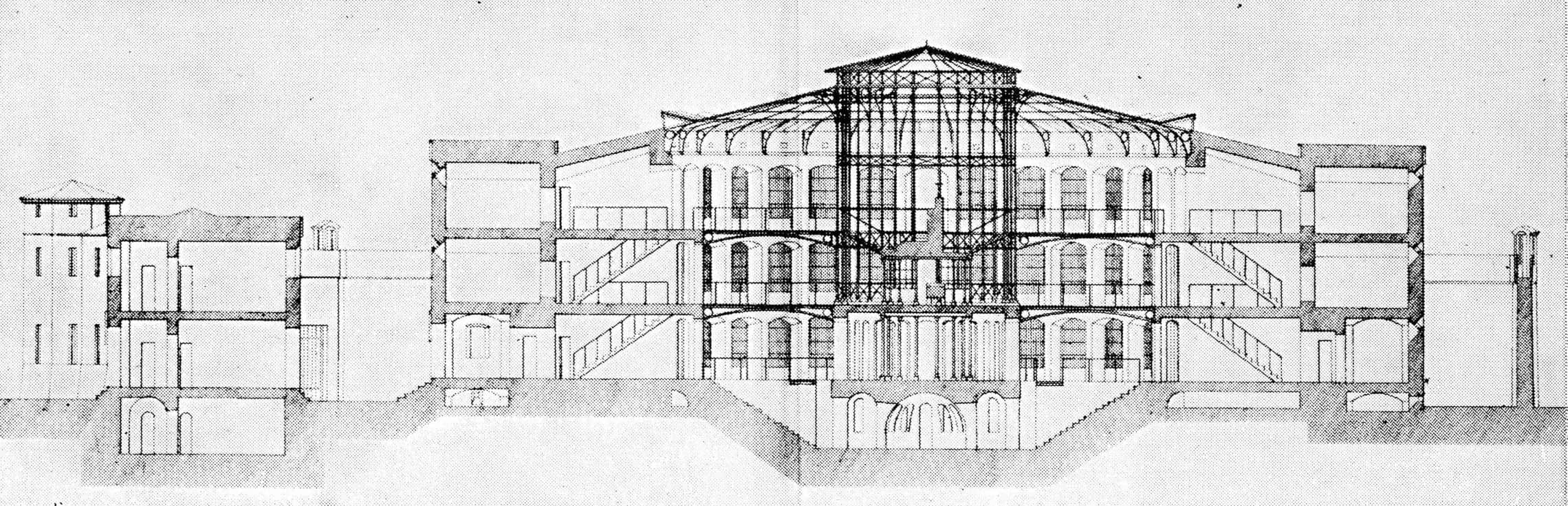 阿贝尔·布吕埃(Abel Blouet)所设计的监狱项目剖面图，1841年由法国内务部出版。也是一个非常接近全景敞视监狱的设计图。以上3张图片均出自罗宾·埃文斯文章