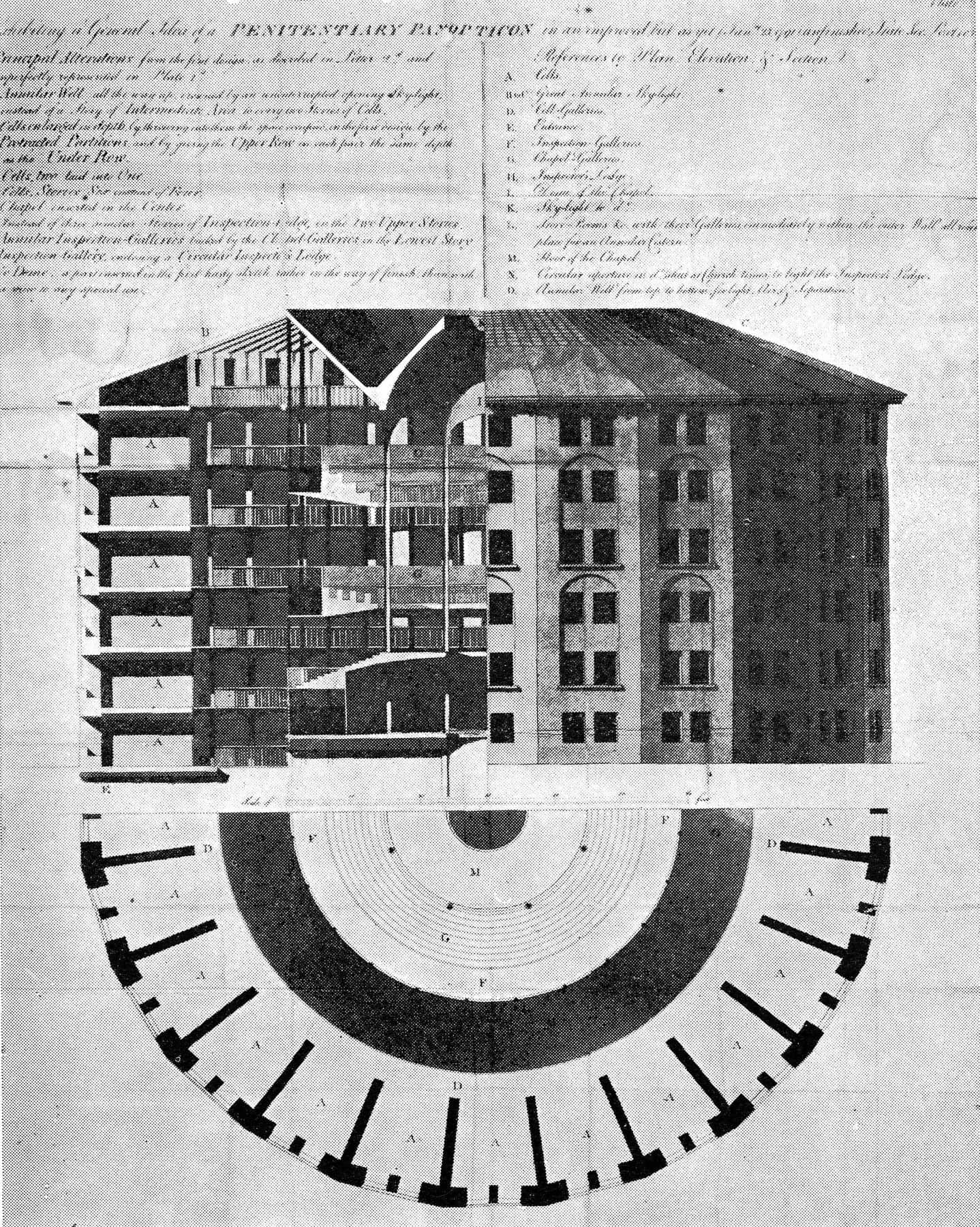 “全景敞视监狱”——这是1791年改进后的方案，由Willey Reveley绘制。一个直径120英尺的圆形大厅，容纳约460名囚犯；大部分内部结构和固定件为铸铁。与该方案相关的制度机制是“缓和的隔离”——数个囚犯被关在一个牢房里；教堂礼拜和锻炼尽管受到高度管制，但是集体性的