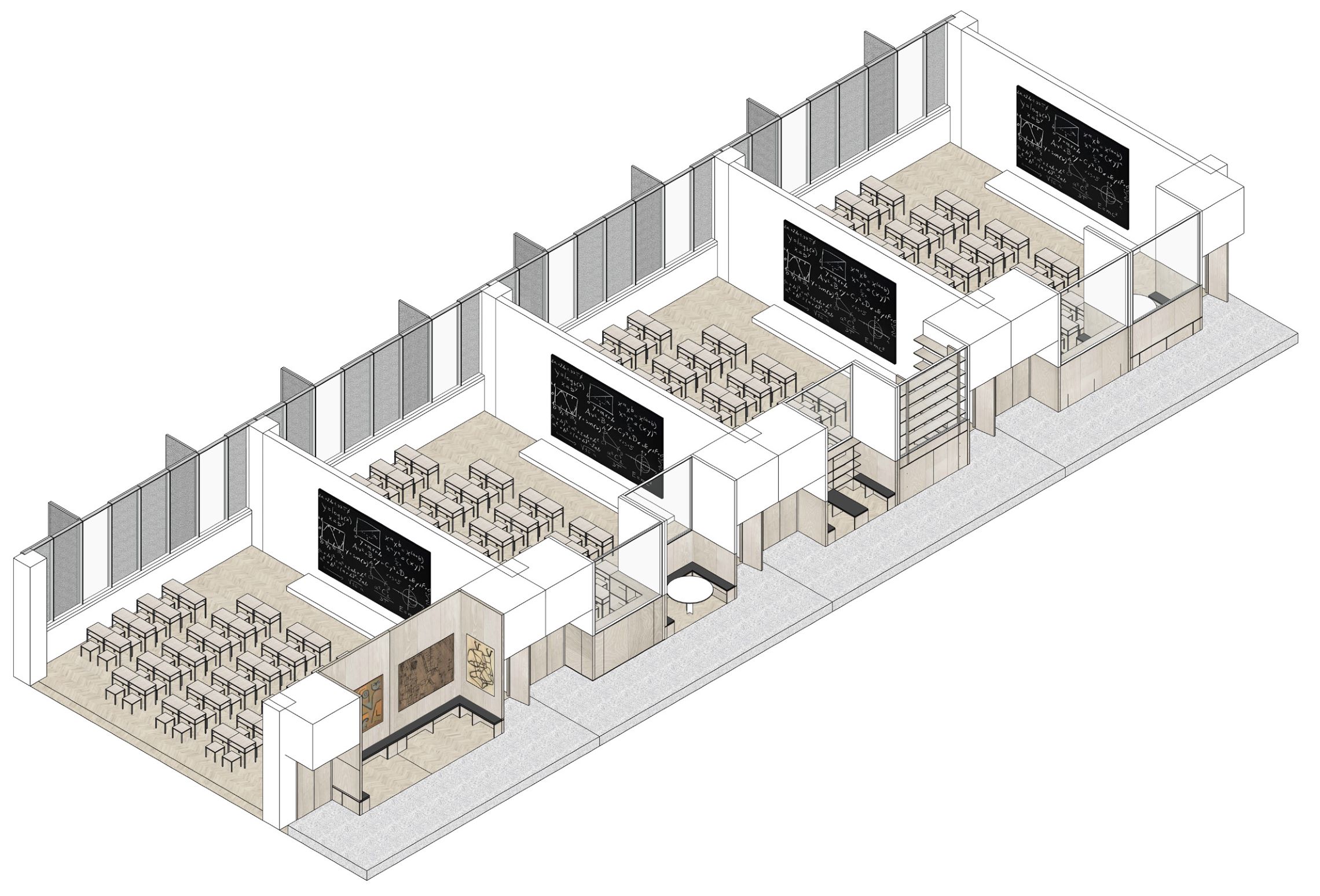 图34. 临界建筑的福田中学中标案对教室面向外走廊界面的五种空间模块及其灵活组合轴测示意图