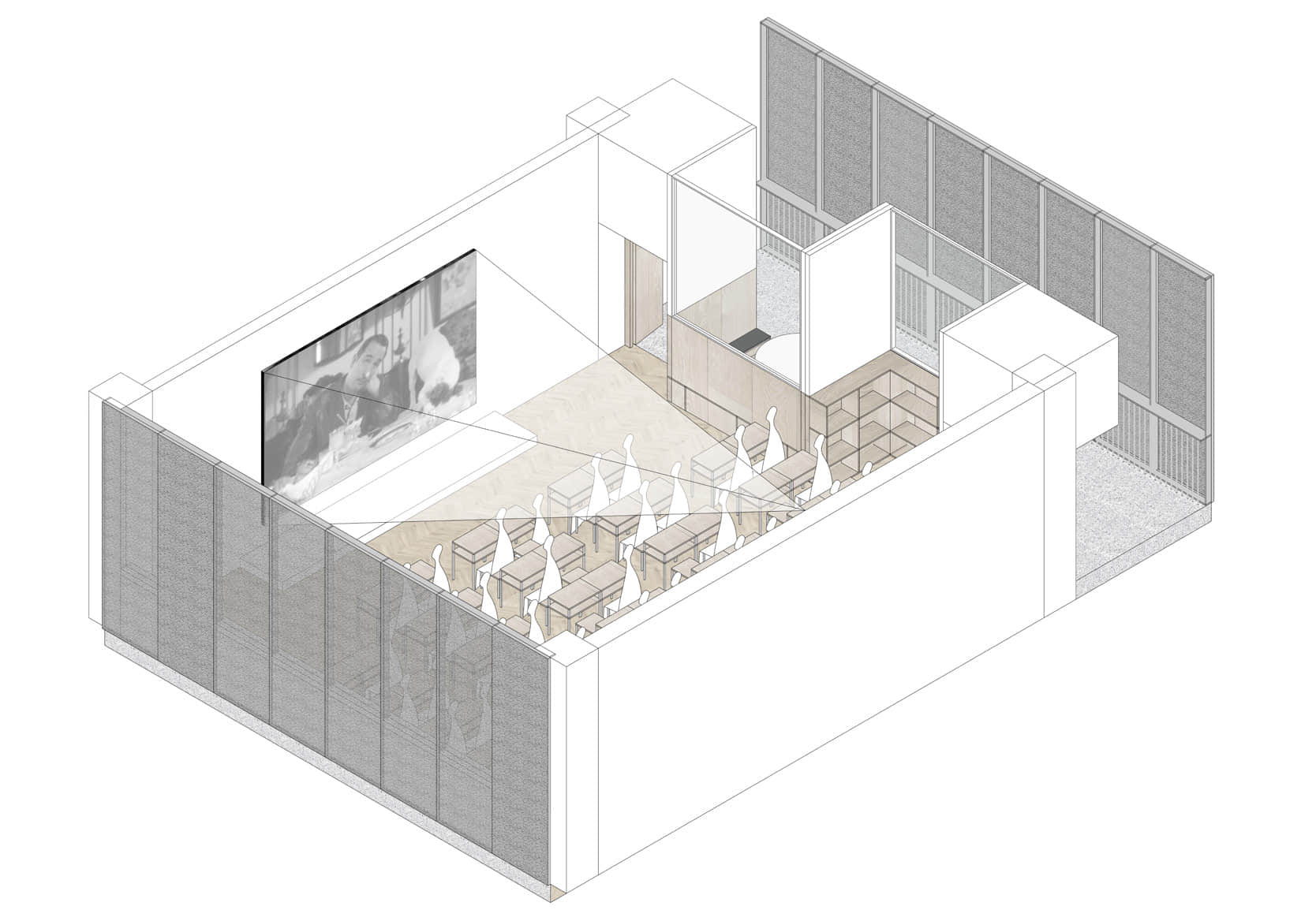 图34.投影教学场景 - 临界建筑的福田中学中标案对教室的三种使用状态的轴测示意图