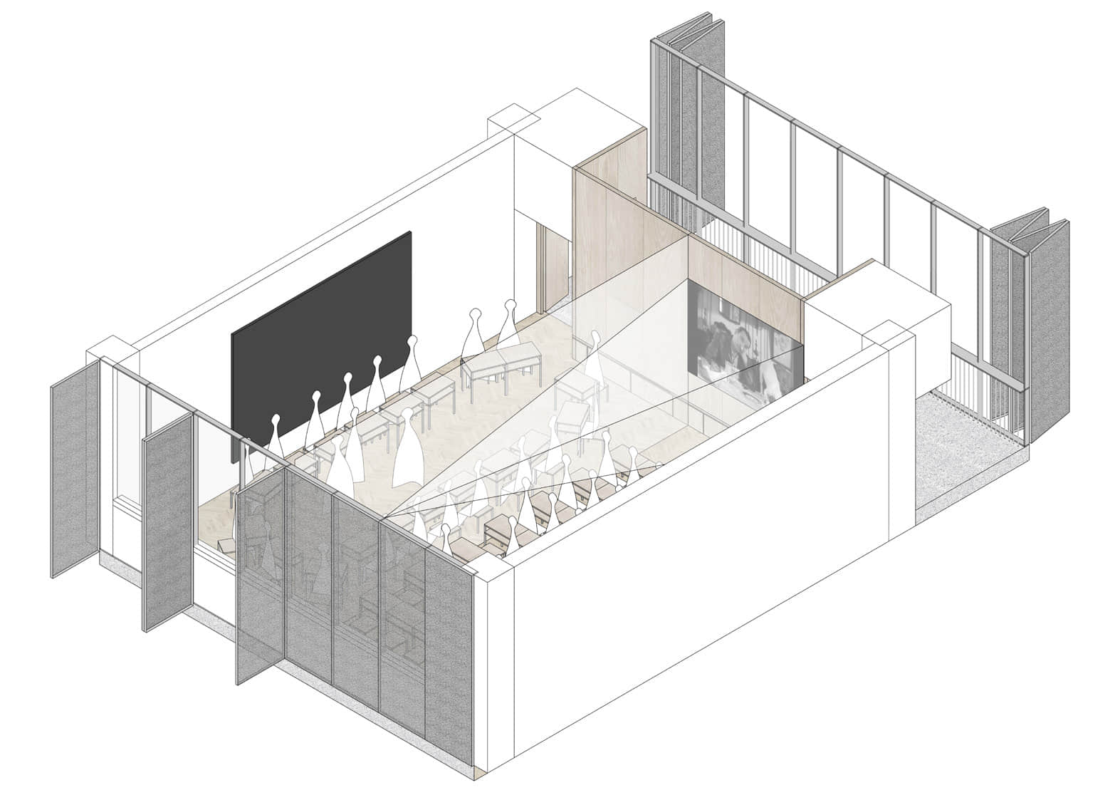 图34.分组教学场景 - 临界建筑的福田中学中标案对教室的三种使用状态的轴测示意图