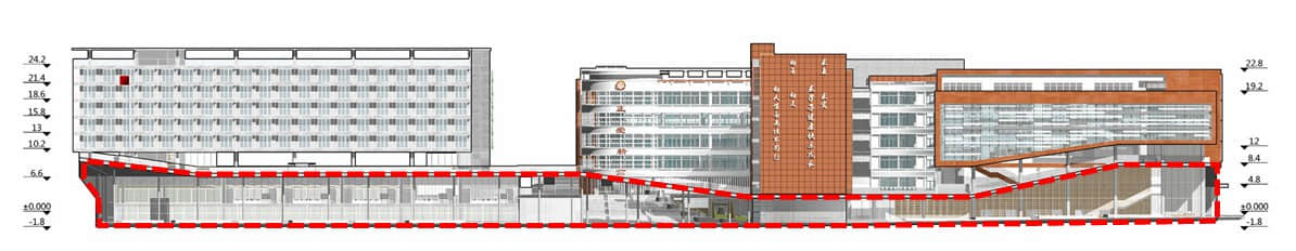 图74. 坊城建筑的红岭中学（园岭校区）参赛案的大基座剖面示意图