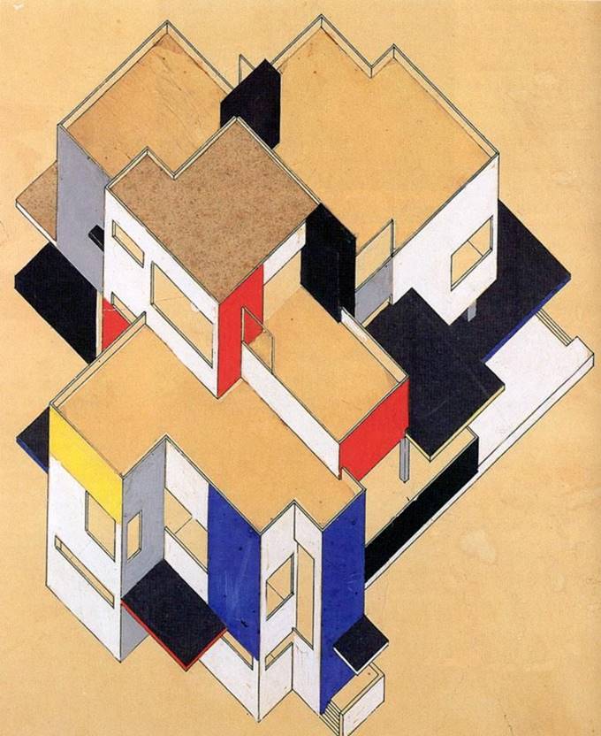 Hotel Particular 轴测图画，1923，by Theo van Doesburg and Cornelis van Eesteren